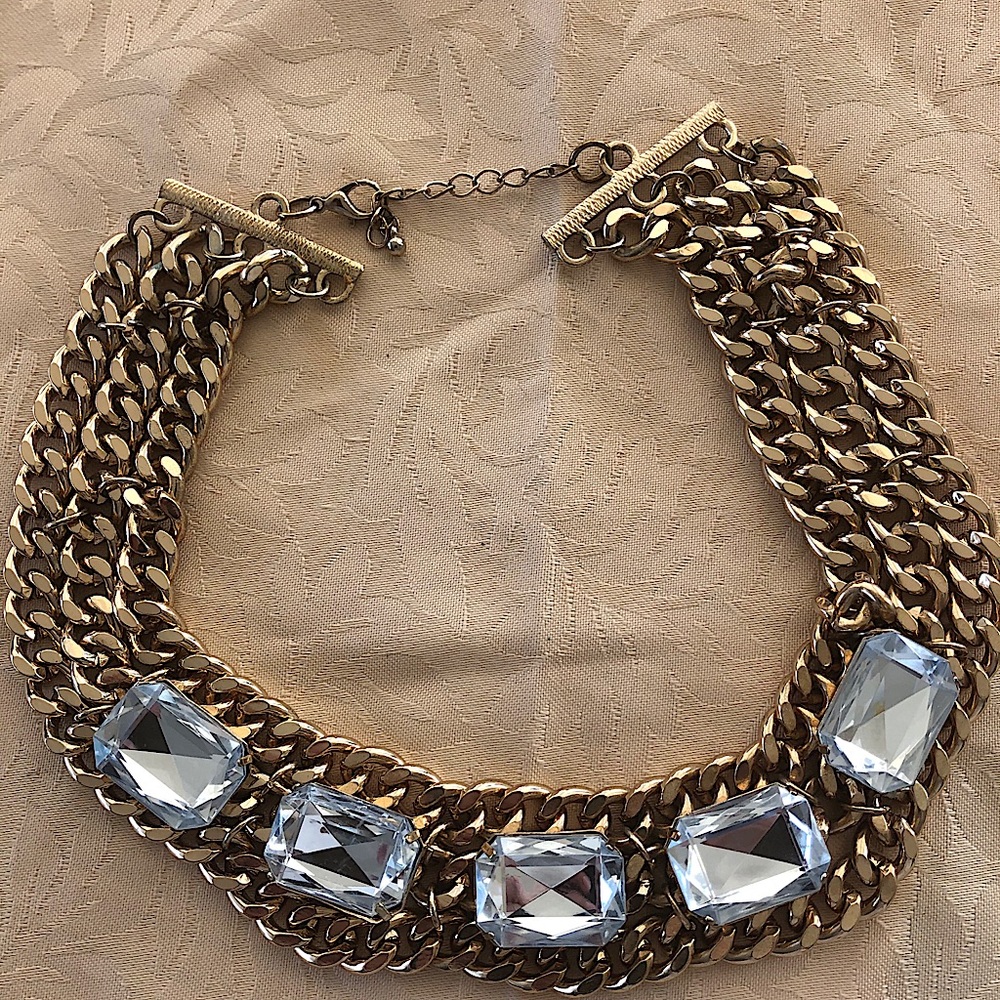 Vintage Gold Chain Necklace with Clear Crystal Accents